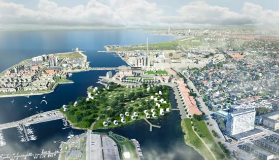 Sweco har tagit fram en vision för hur kustskydd längs Malmös kust kan kombineras med stadsutveckling, och hur hot därmed vänds till möjligheter. Illustrationen visar Limhamn, där man ska ta fasta på platsens kulturhistoriska värde som fiskehamn.